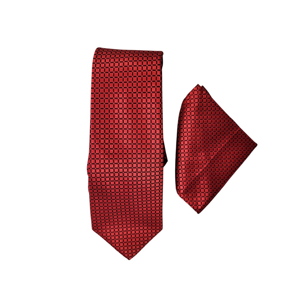 Barry Wang Mens Red 100% Silk Necktie and Pocket Square Set Formal Wedding
